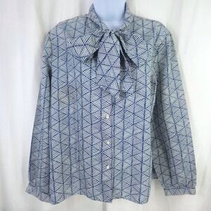 Vintage 80s Blue White Geometric Tie Bow Button Up Long Sleeve Mod Blouse M/Lg